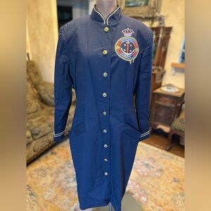 Vtg Donna Morgan Leslie Fay Navy Military Inspired Coat with Embroidered Crest